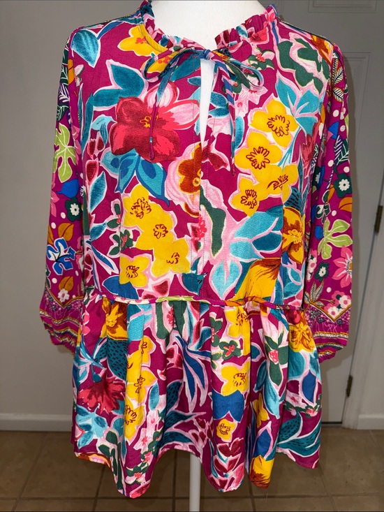 Umgee Tops - Umgee Vibrant Floral Boho Tunic Top in Magenta, Yellow & Teal size 1 XL